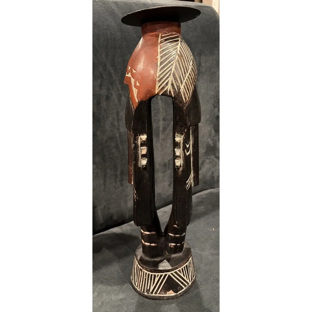 Tribal Wooden Mask Hand Carved Black & Red Bold Stands On Table